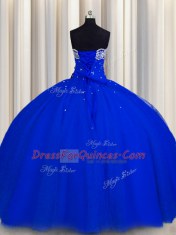 Unique Really Puffy Royal Blue Ball Gowns Strapless Sleeveless Tulle Floor Length Lace Up Beading and Sequins Quinceanera Gown