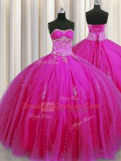 Extravagant Really Puffy Beading and Appliques Vestidos de Quinceanera Fuchsia Lace Up Sleeveless Floor Length