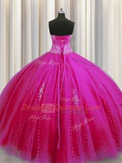 Extravagant Really Puffy Beading and Appliques Vestidos de Quinceanera Fuchsia Lace Up Sleeveless Floor Length
