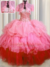 Visible Boning Bling-bling Sweetheart Sleeveless Lace Up Quinceanera Dress Rose Pink Organza