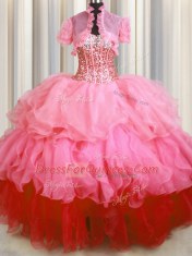 Visible Boning Bling-bling Sweetheart Sleeveless Lace Up Quinceanera Dress Rose Pink Organza