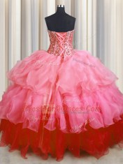 Visible Boning Bling-bling Sweetheart Sleeveless Lace Up Quinceanera Dress Rose Pink Organza
