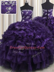 Dazzling Purple Organza Lace Up Strapless Sleeveless Floor Length Quinceanera Gowns Appliques and Ruffles and Ruffled Layers
