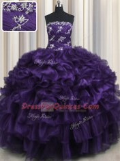 Dazzling Purple Organza Lace Up Strapless Sleeveless Floor Length Quinceanera Gowns Appliques and Ruffles and Ruffled Layers