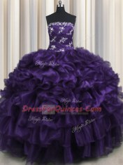 Dazzling Purple Organza Lace Up Strapless Sleeveless Floor Length Quinceanera Gowns Appliques and Ruffles and Ruffled Layers