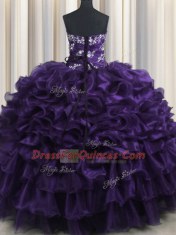 Dazzling Purple Organza Lace Up Strapless Sleeveless Floor Length Quinceanera Gowns Appliques and Ruffles and Ruffled Layers