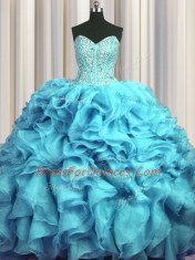 Hot Selling Visible Boning Bling-bling Sweetheart Sleeveless Organza 15 Quinceanera Dress Beading and Ruffles Brush Train Lace Up