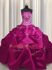 Flare Embroidery Floor Length Ball Gowns Sleeveless Fuchsia Sweet 16 Dresses Lace Up