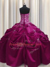 Flare Embroidery Floor Length Ball Gowns Sleeveless Fuchsia Sweet 16 Dresses Lace Up