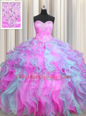 Multi-color Organza Lace Up Sweetheart Sleeveless Floor Length Quinceanera Dress Beading and Appliques and Ruffles