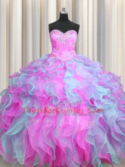Multi-color Organza Lace Up Sweetheart Sleeveless Floor Length Quinceanera Dress Beading and Appliques and Ruffles