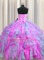 Multi-color Organza Lace Up Sweetheart Sleeveless Floor Length Quinceanera Dress Beading and Appliques and Ruffles