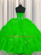 Graceful Visible Boning Ball Gowns Tulle Sweetheart Sleeveless Beading and Ruffles and Sequins Floor Length Lace Up Quince Ball Gowns