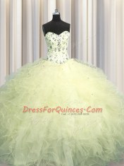 Hot Selling Visible Boning Sleeveless Floor Length Beading and Appliques and Ruffles Lace Up Quince Ball Gowns with Light Yellow