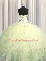 Hot Selling Visible Boning Sleeveless Floor Length Beading and Appliques and Ruffles Lace Up Quince Ball Gowns with Light Yellow