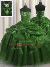 Custom Made Sweetheart Sleeveless Ball Gown Prom Dress Floor Length Beading and Appliques and Pick Ups Green Organza