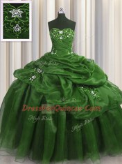 Custom Made Sweetheart Sleeveless Ball Gown Prom Dress Floor Length Beading and Appliques and Pick Ups Green Organza