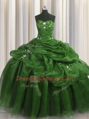 Custom Made Sweetheart Sleeveless Ball Gown Prom Dress Floor Length Beading and Appliques and Pick Ups Green Organza