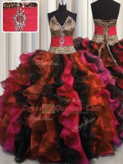 Extravagant Leopard V Neck Floor Length Multi-color Ball Gown Prom Dress Organza Sleeveless Beading and Ruffles