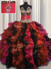 Extravagant Leopard V Neck Floor Length Multi-color Ball Gown Prom Dress Organza Sleeveless Beading and Ruffles