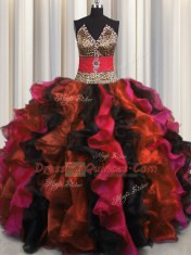 Extravagant Leopard V Neck Floor Length Multi-color Ball Gown Prom Dress Organza Sleeveless Beading and Ruffles