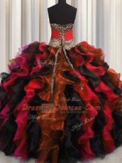 Extravagant Leopard V Neck Floor Length Multi-color Ball Gown Prom Dress Organza Sleeveless Beading and Ruffles