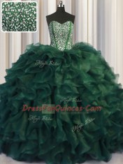 Fine Bling-bling Sweetheart Sleeveless Organza 15th Birthday Dress Beading and Ruffles Brush Train Lace Up