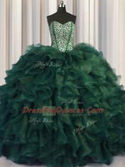 Fine Bling-bling Sweetheart Sleeveless Organza 15th Birthday Dress Beading and Ruffles Brush Train Lace Up
