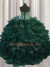 Fine Bling-bling Sweetheart Sleeveless Organza 15th Birthday Dress Beading and Ruffles Brush Train Lace Up