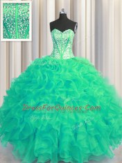 Visible Boning Beaded Bodice Turquoise Quinceanera Dresses Military Ball and Sweet 16 and Quinceanera and For with Beading and Ruffles Sweetheart Sleeveless Lace Up