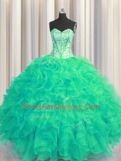 Visible Boning Beaded Bodice Turquoise Quinceanera Dresses Military Ball and Sweet 16 and Quinceanera and For with Beading and Ruffles Sweetheart Sleeveless Lace Up