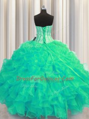Visible Boning Beaded Bodice Turquoise Quinceanera Dresses Military Ball and Sweet 16 and Quinceanera and For with Beading and Ruffles Sweetheart Sleeveless Lace Up