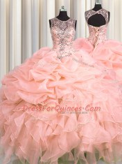 Captivating Scoop See Through Pink Organza Lace Up Sweet 16 Dresses Sleeveless Floor Length Beading and Ruffles and Pick Ups