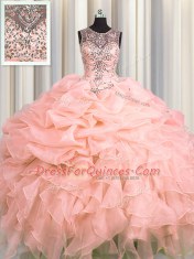 Captivating Scoop See Through Pink Organza Lace Up Sweet 16 Dresses Sleeveless Floor Length Beading and Ruffles and Pick Ups