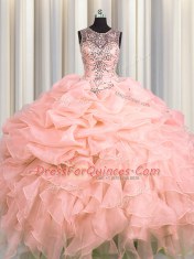 Captivating Scoop See Through Pink Organza Lace Up Sweet 16 Dresses Sleeveless Floor Length Beading and Ruffles and Pick Ups