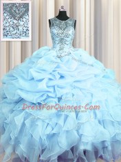 Clearance See Through Floor Length Light Blue Quince Ball Gowns Scoop Sleeveless Lace Up