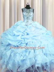 Clearance See Through Floor Length Light Blue Quince Ball Gowns Scoop Sleeveless Lace Up