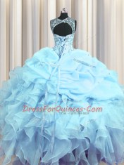 Clearance See Through Floor Length Light Blue Quince Ball Gowns Scoop Sleeveless Lace Up