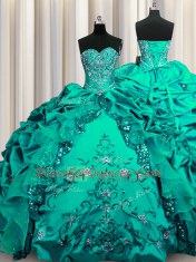 Most Popular Sequins Dark Green Sleeveless Floor Length Beading and Embroidery and Ruffles and Pick Ups Lace Up 15 Quinceanera Dress