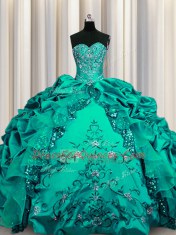 Most Popular Sequins Dark Green Sleeveless Floor Length Beading and Embroidery and Ruffles and Pick Ups Lace Up 15 Quinceanera Dress