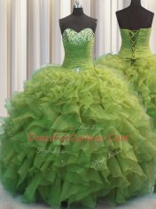 Attractive Beaded Bust Olive Green Lace Up Sweetheart Beading and Ruffles Ball Gown Prom Dress Organza Sleeveless