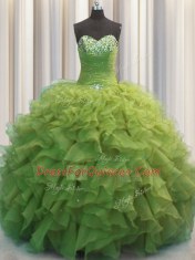 Attractive Beaded Bust Olive Green Lace Up Sweetheart Beading and Ruffles Ball Gown Prom Dress Organza Sleeveless