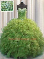Attractive Beaded Bust Olive Green Lace Up Sweetheart Beading and Ruffles Ball Gown Prom Dress Organza Sleeveless