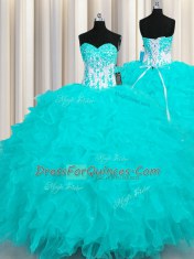 Deluxe Aqua Blue Lace Up Sweetheart Appliques and Ruffles 15 Quinceanera Dress Organza Sleeveless