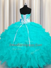 Deluxe Aqua Blue Lace Up Sweetheart Appliques and Ruffles 15 Quinceanera Dress Organza Sleeveless