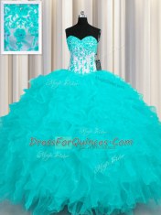 Deluxe Aqua Blue Lace Up Sweetheart Appliques and Ruffles 15 Quinceanera Dress Organza Sleeveless