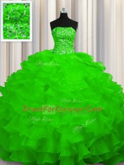 Strapless Sleeveless Quinceanera Gown Sweep Train Beading and Ruffles Organza