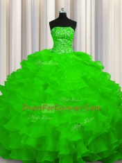 Strapless Sleeveless Quinceanera Gown Sweep Train Beading and Ruffles Organza