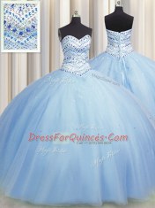 Customized Bling-bling Big Puffy Light Blue Ball Gowns Beading Vestidos de Quinceanera Lace Up Tulle Sleeveless Floor Length