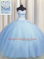 Customized Bling-bling Big Puffy Light Blue Ball Gowns Beading Vestidos de Quinceanera Lace Up Tulle Sleeveless Floor Length